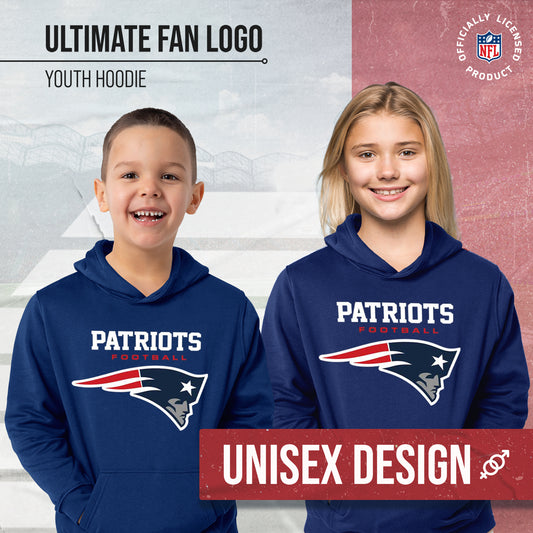 New England Patriots Youth NFL Ultimate Fan Logo Fleece Hooded Sweatshirt -Tagless Football Pullover For Kids - Navy
