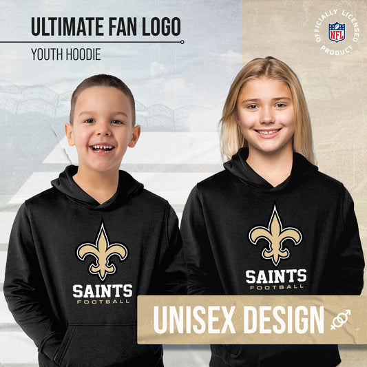 New Orleans Saints Youth NFL Ultimate Fan Logo Fleece Hooded Sweatshirt -Tagless Football Pullover For Kids - Black