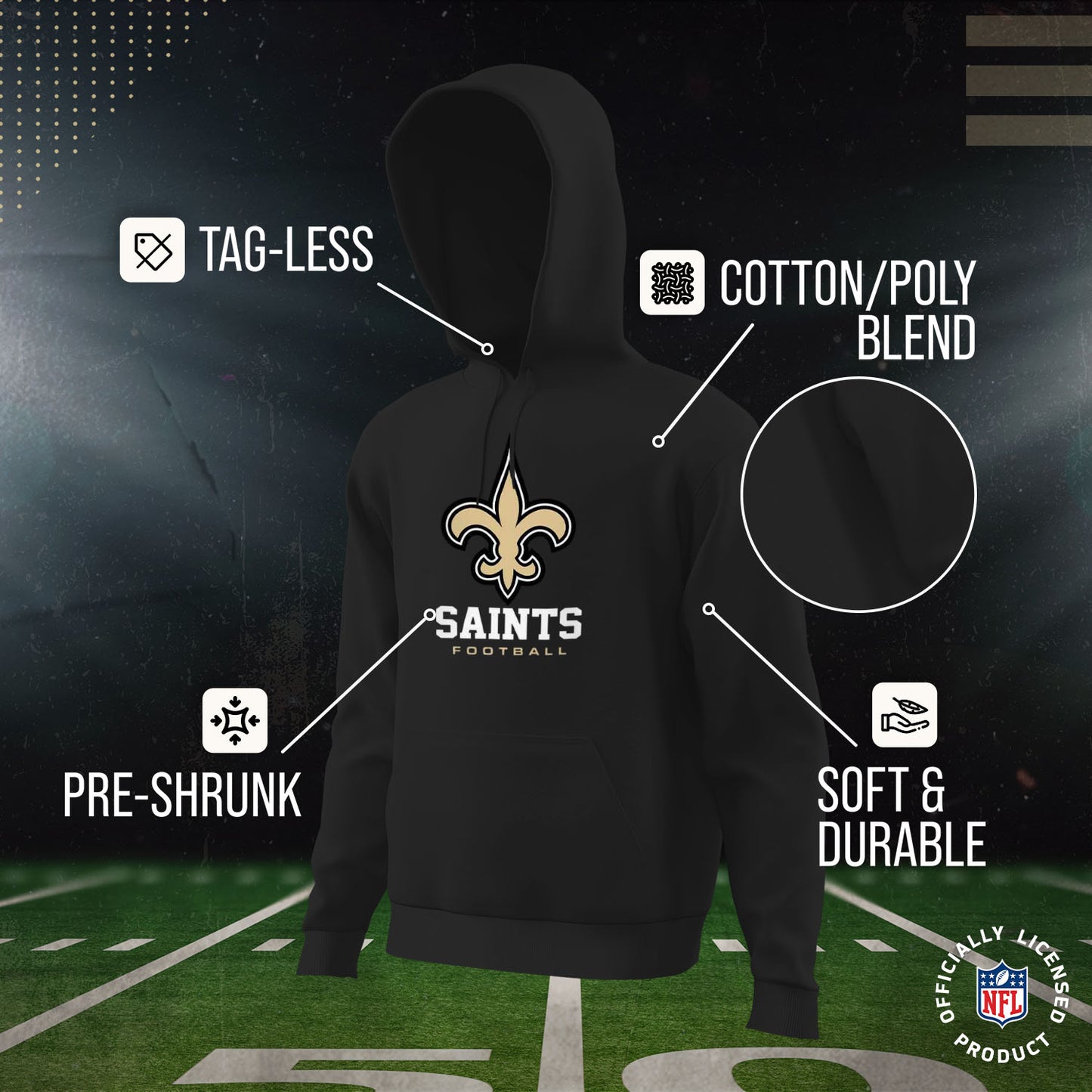 New Orleans Saints Youth NFL Ultimate Fan Logo Fleece Hooded Sweatshirt -Tagless Football Pullover For Kids - Black