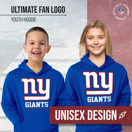 New York Giants Youth NFL Ultimate Fan Logo Fleece Hooded Sweatshirt -Tagless Football Pullover For Kids - Royal