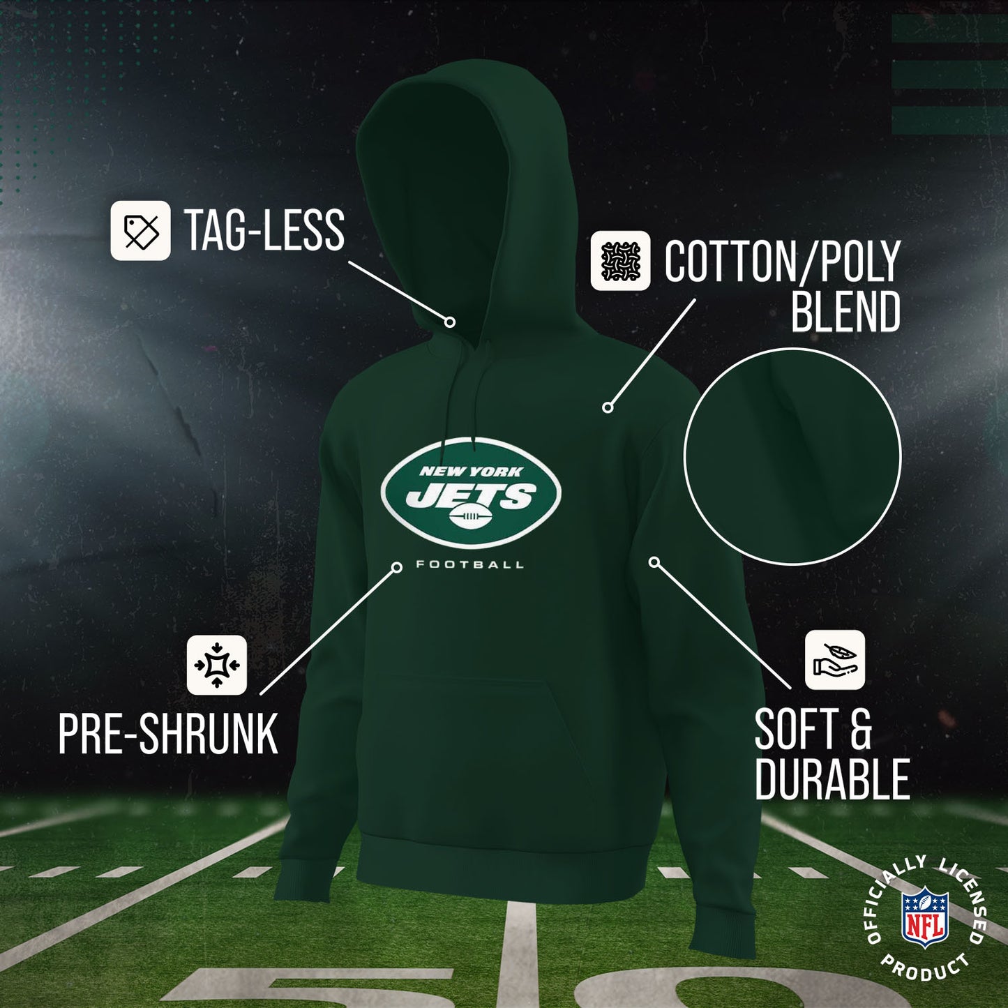 New York Jets Youth NFL Ultimate Fan Logo Fleece Hooded Sweatshirt -Tagless Football Pullover For Kids - Forest Green