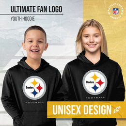 Pittsburgh Steelers Youth NFL Ultimate Fan Logo Fleece Hooded Sweatshirt -Tagless Football Pullover For Kids - Black