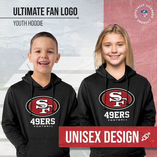 San Francisco 49ers Youth NFL Ultimate Fan Logo Fleece Hooded Sweatshirt -Tagless Football Pullover For Kids - Black