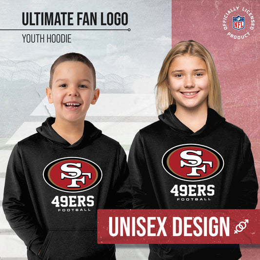 San Francisco 49ers Youth NFL Ultimate Fan Logo Fleece Hooded Sweatshirt -Tagless Football Pullover For Kids - Black