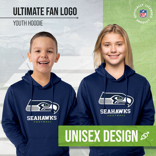 Seattle Seahawks Youth NFL Ultimate Fan Logo Fleece Hooded Sweatshirt -Tagless Football Pullover For Kids - Navy
