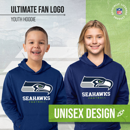 Seattle Seahawks Youth NFL Ultimate Fan Logo Fleece Hooded Sweatshirt -Tagless Football Pullover For Kids - Navy