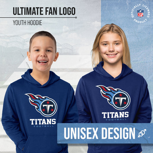 Tennessee Titans Youth NFL Ultimate Fan Logo Fleece Hooded Sweatshirt -Tagless Football Pullover For Kids - Navy