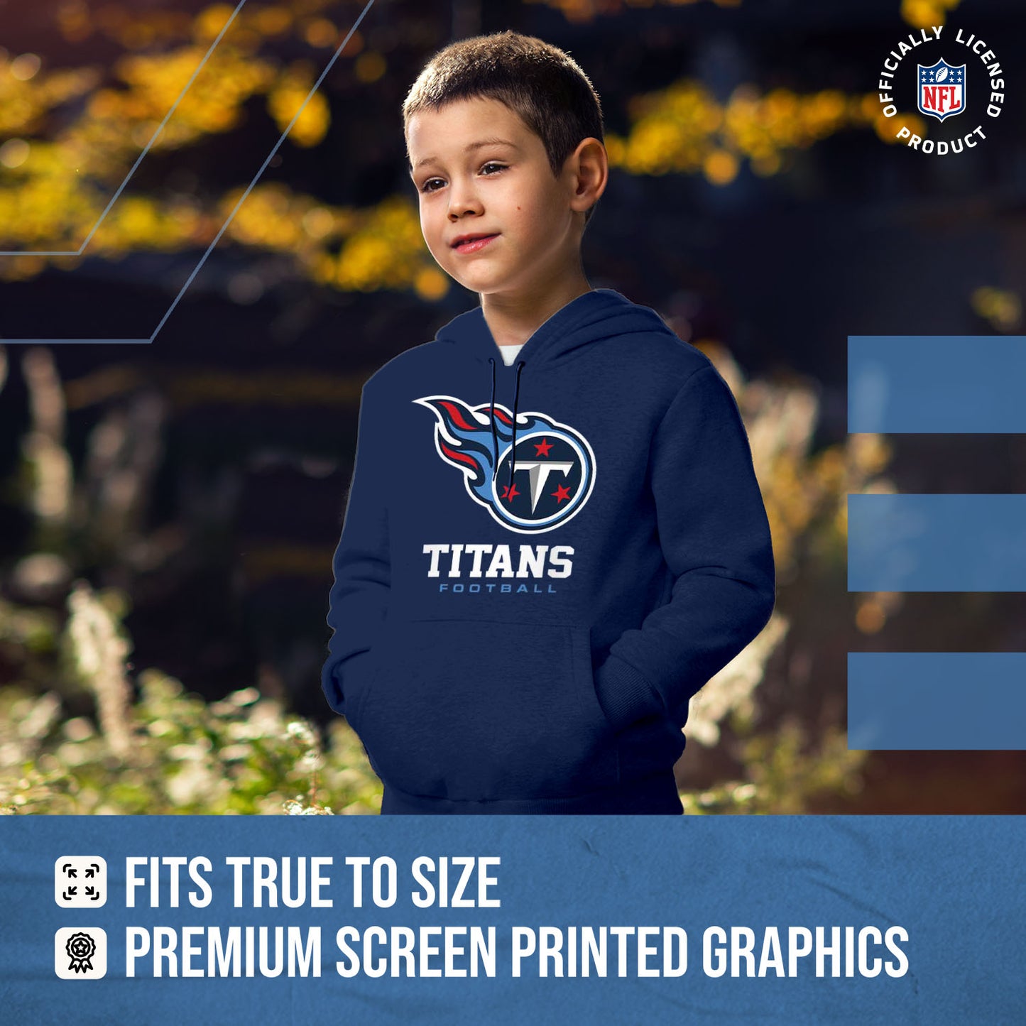 Tennessee Titans Youth NFL Ultimate Fan Logo Fleece Hooded Sweatshirt -Tagless Football Pullover For Kids - Navy