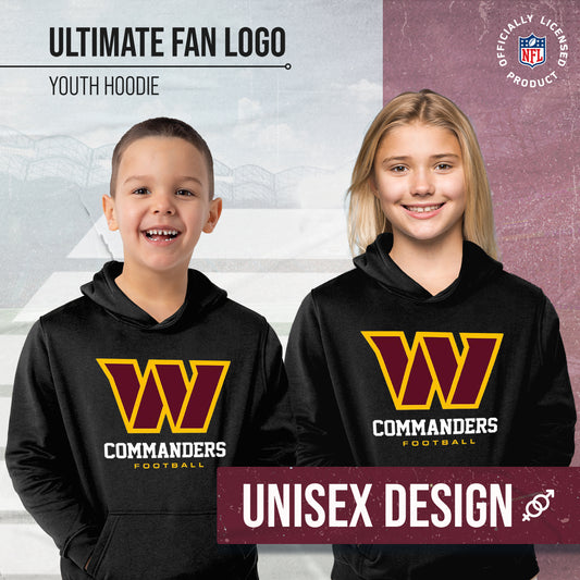 Washington Commanders Youth NFL Ultimate Fan Logo Fleece Hooded Sweatshirt -Tagless Football Pullover For Kids - Black