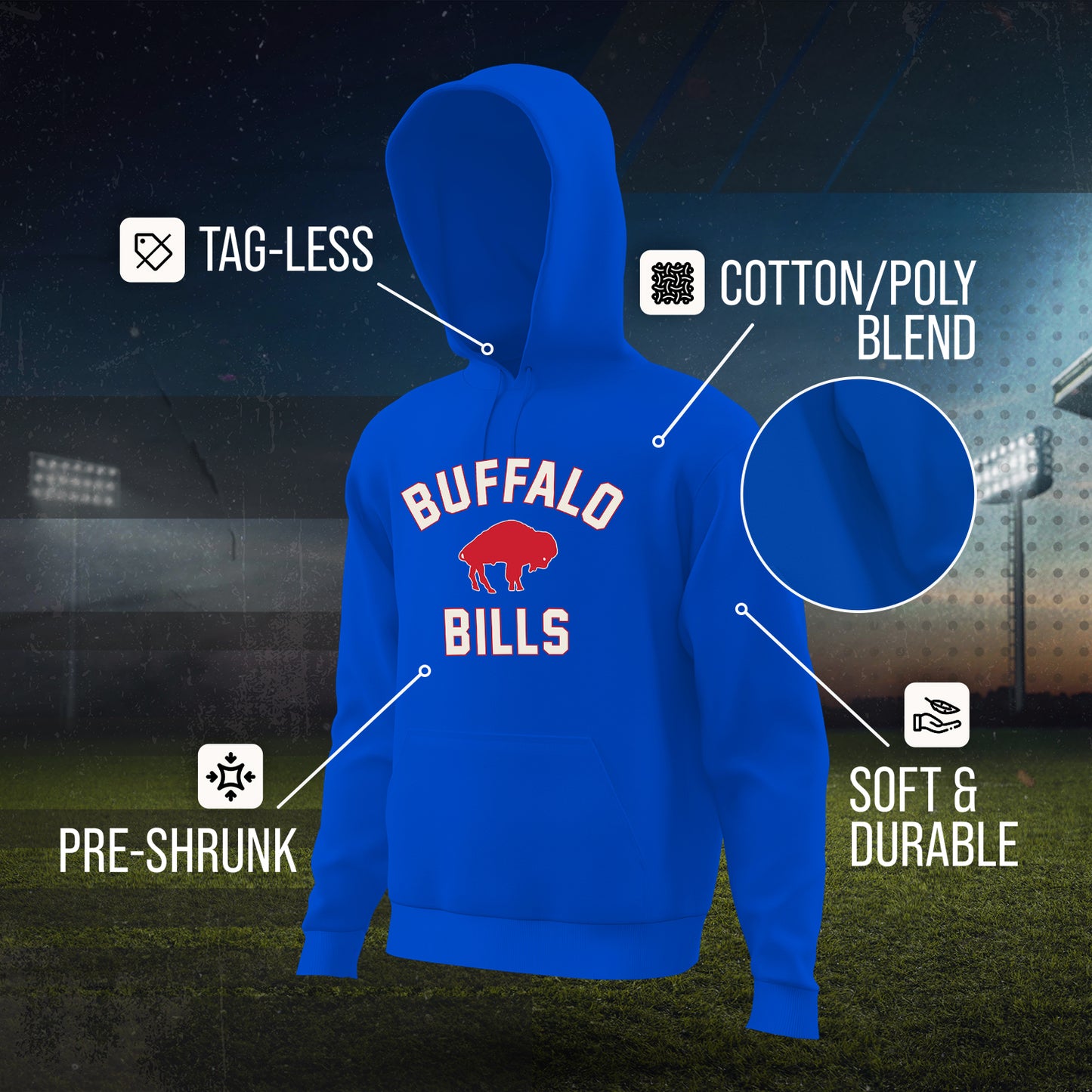 Buffalo Bills NFL Adult Unisex Retro Gameday Ultra Soft Fleece Hooded Sweatshirt - Royal