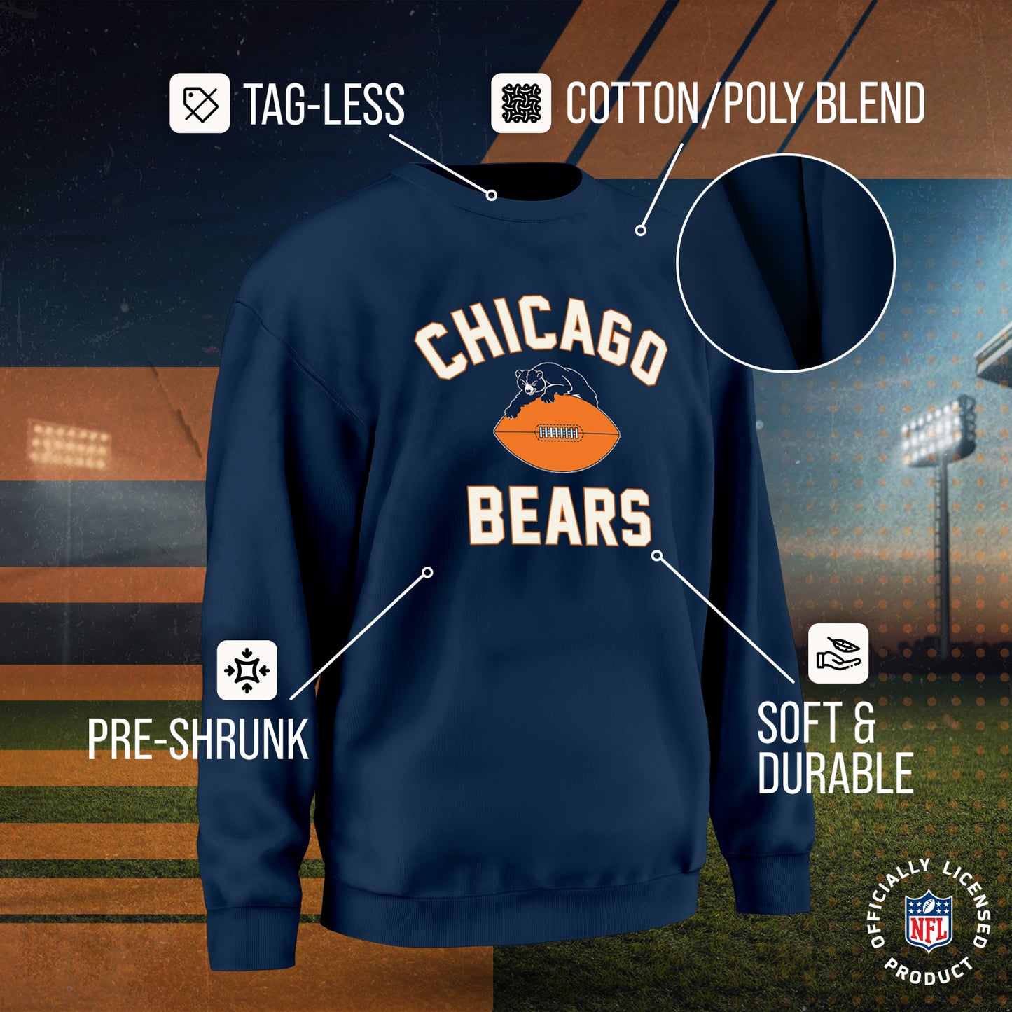 Chicago Bears NFL Adult Unisex Retro Gameday Ultra Soft Fleece Crewneck Sweatshirt - Navy