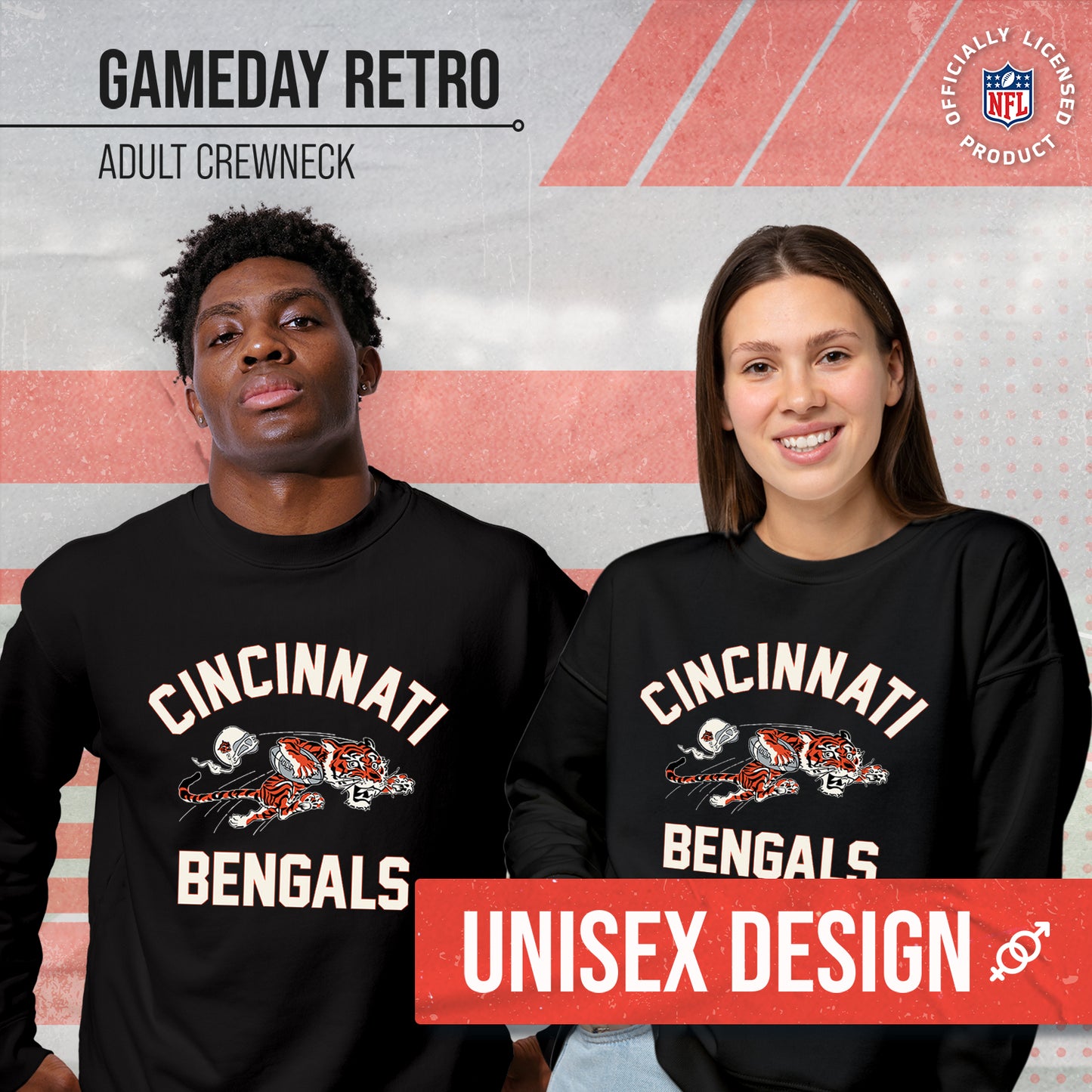 Cincinnati Bengals NFL Adult Unisex Retro Gameday Ultra Soft Fleece Crewneck Sweatshirt - Black