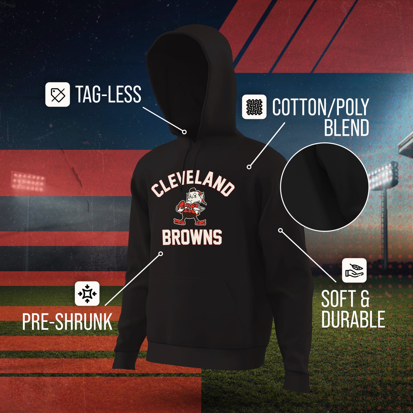 Cleveland Browns NFL Adult Unisex Retro Gameday Ultra Soft Fleece Hooded Sweatshirt - Black