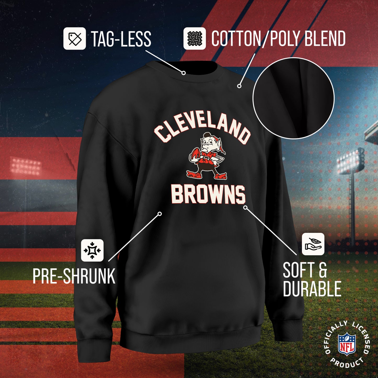 Cleveland Browns NFL Adult Unisex Retro Gameday Ultra Soft Fleece Crewneck Sweatshirt - Black