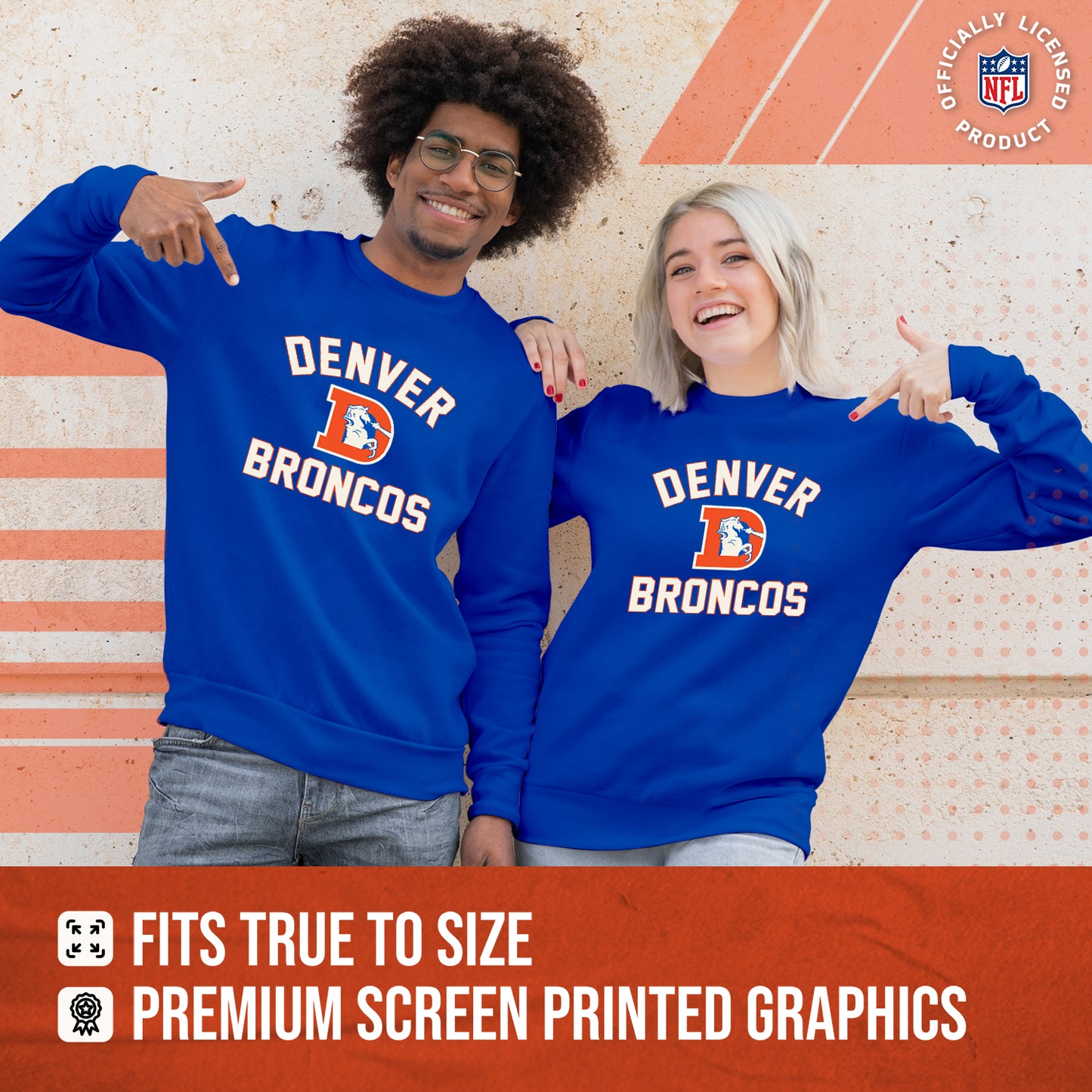 Denver Broncos NFL Adult Unisex Retro Gameday Ultra Soft Fleece Crewneck Sweatshirt - Royal