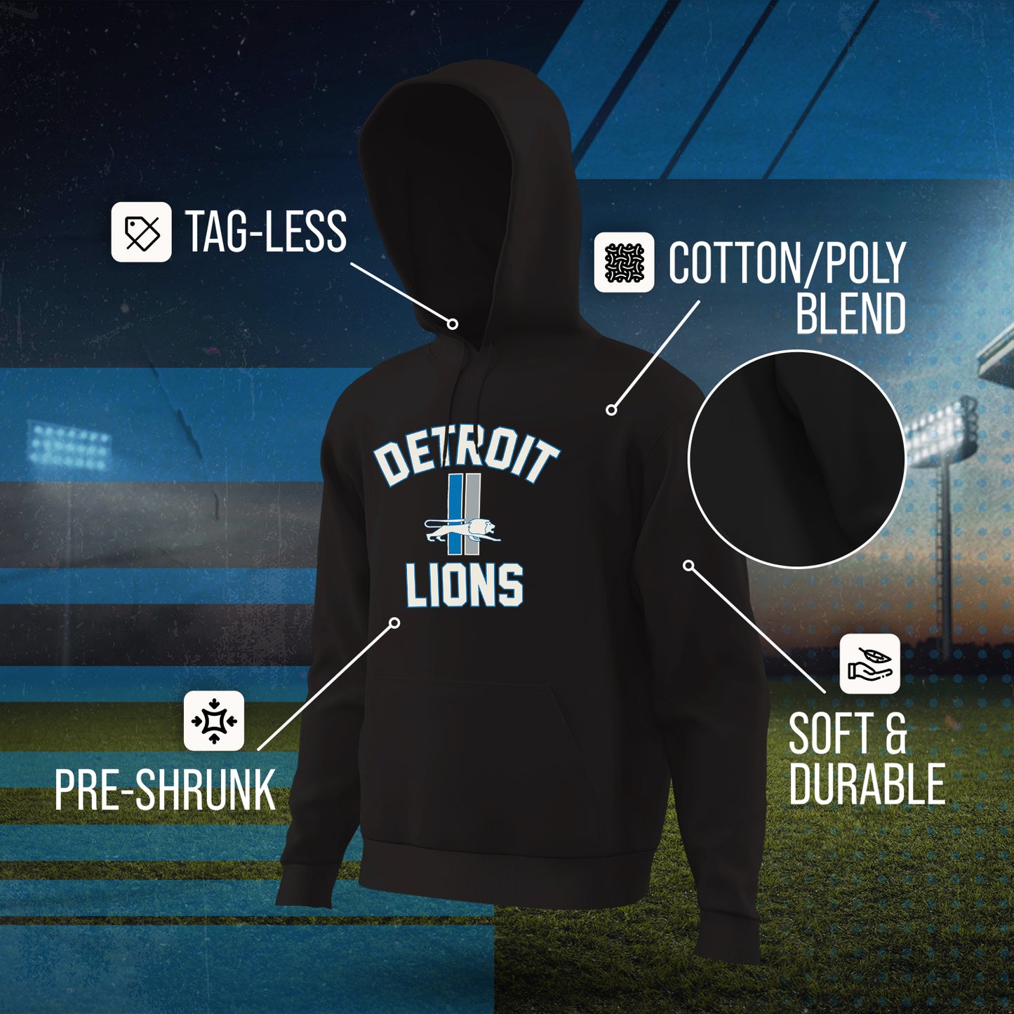 Detroit Lions NFL Adult Unisex Retro Gameday Ultra Soft Fleece Hooded Sweatshirt - Black