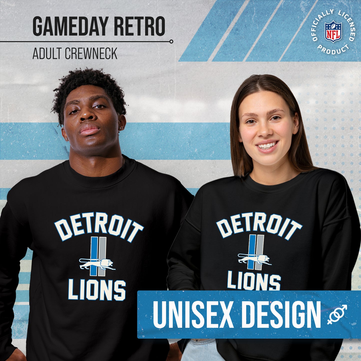 Detroit Lions NFL Adult Unisex Retro Gameday Ultra Soft Fleece Crewneck Sweatshirt - Black