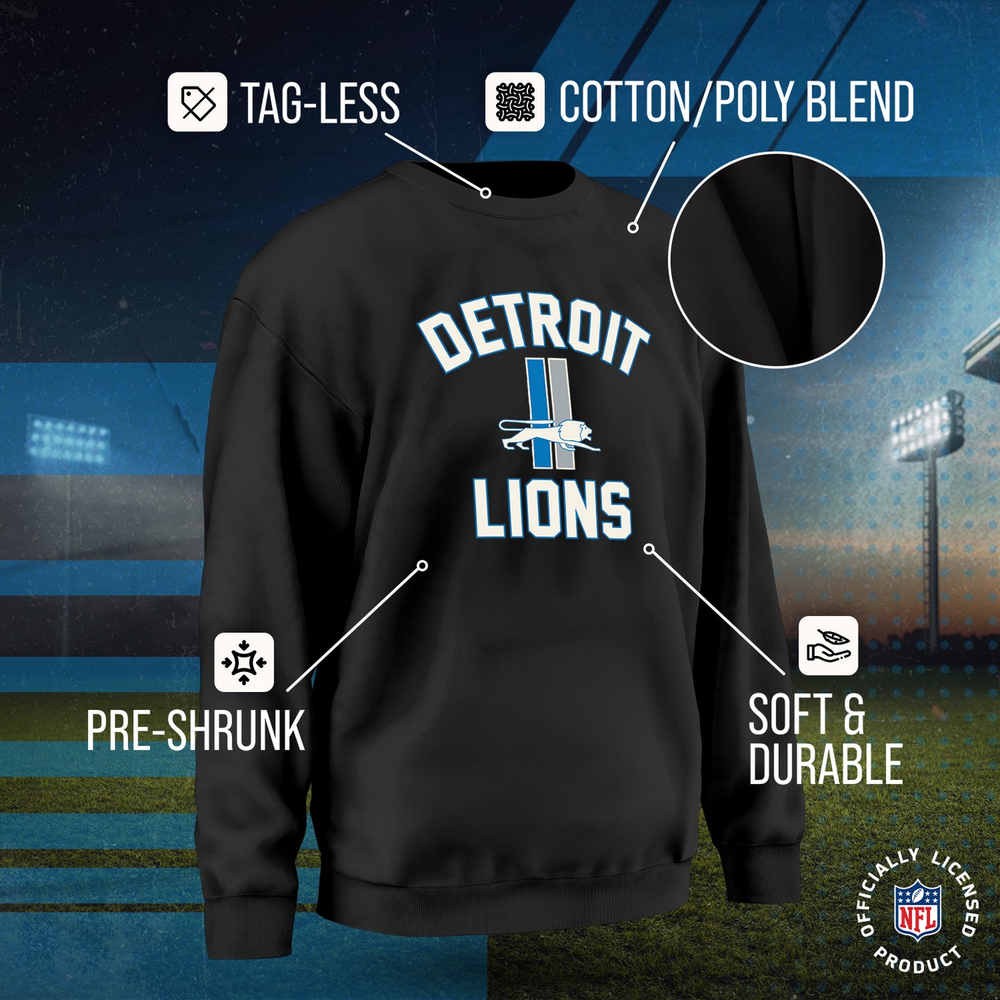 Detroit Lions NFL Adult Unisex Retro Gameday Ultra Soft Fleece Crewneck Sweatshirt - Black