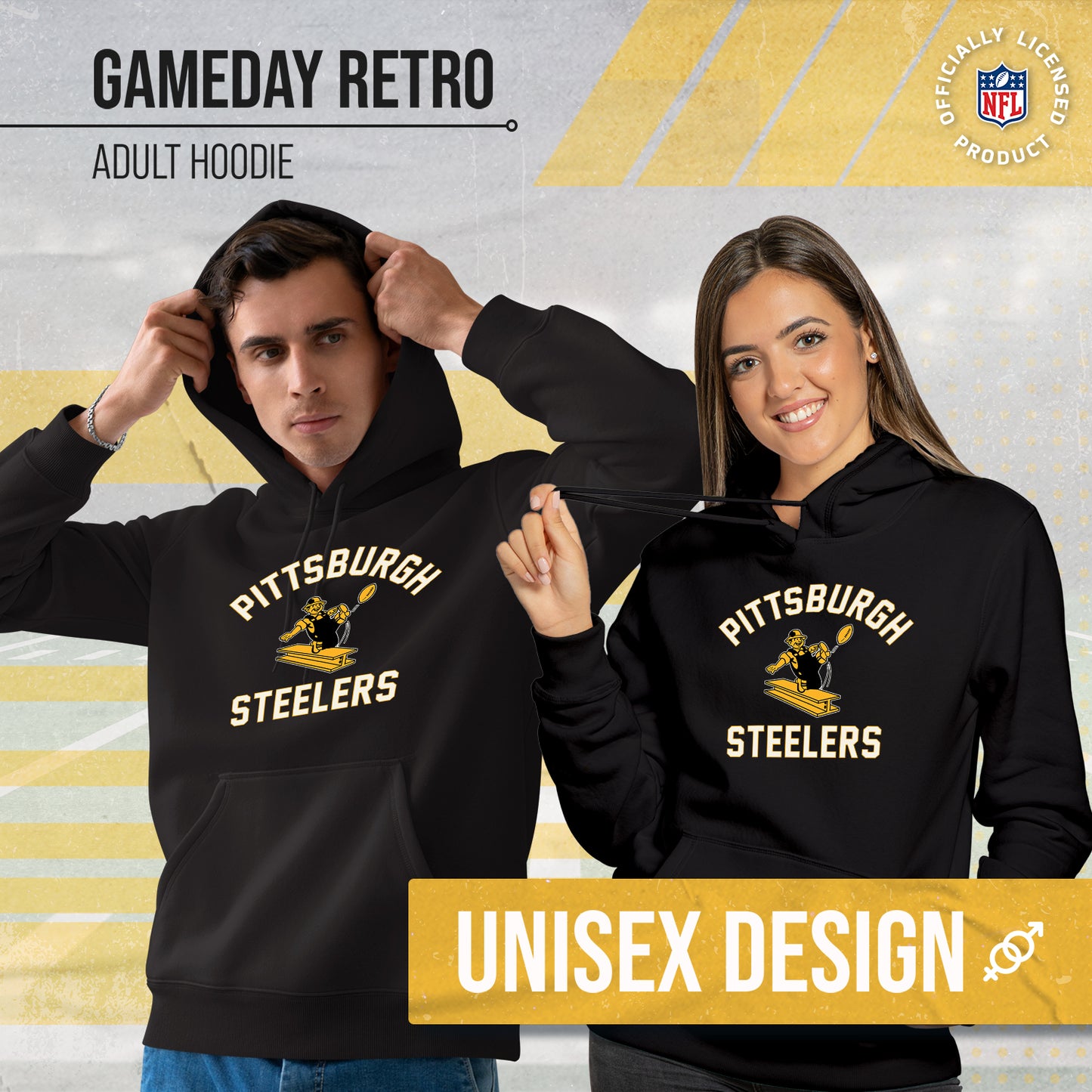 Pittsburgh Steelers NFL Adult Unisex Retro Gameday Ultra Soft Fleece Hooded Sweatshirt - Black