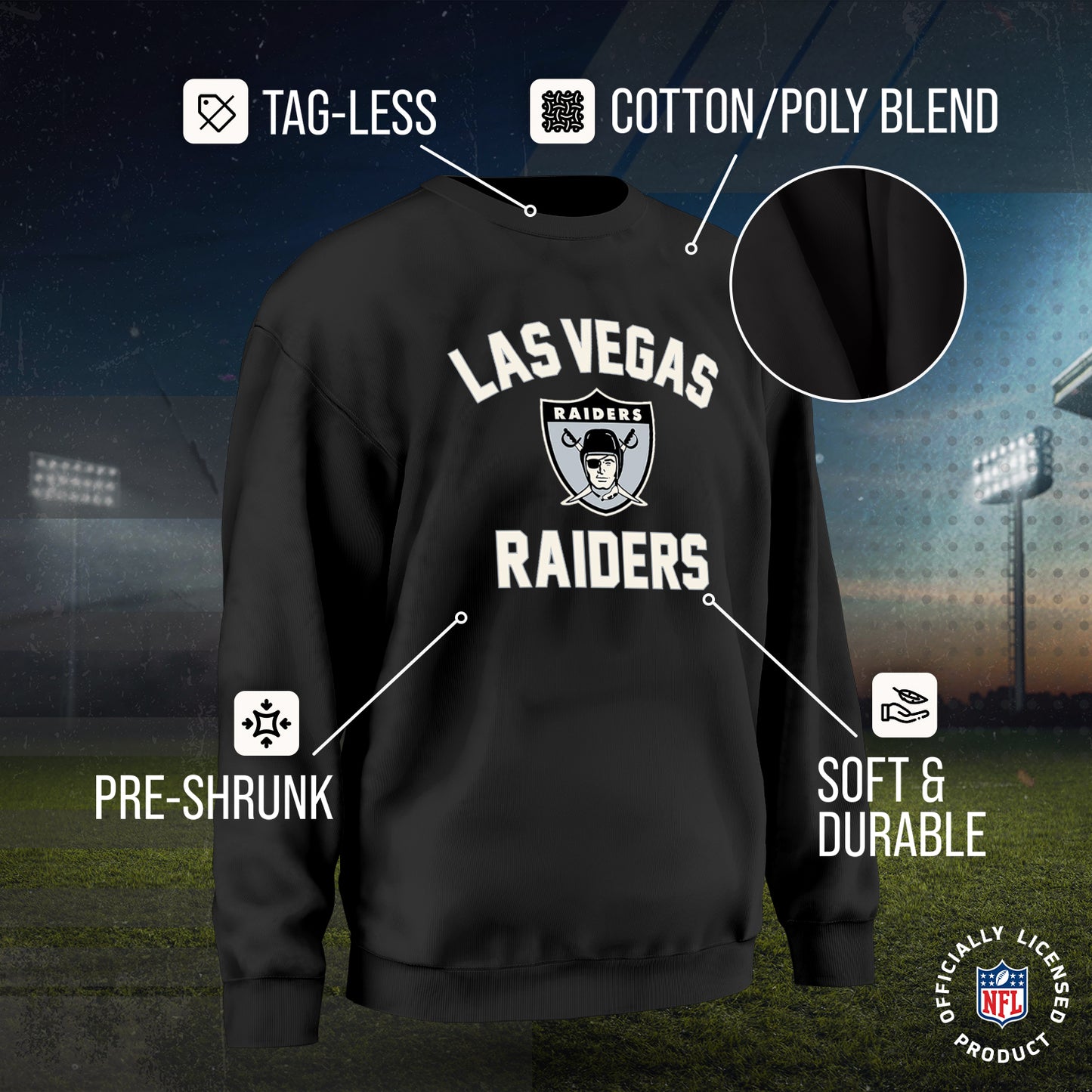 Las Vegas Raiders NFL Adult Unisex Retro Gameday Ultra Soft Fleece Crewneck Sweatshirt - Black