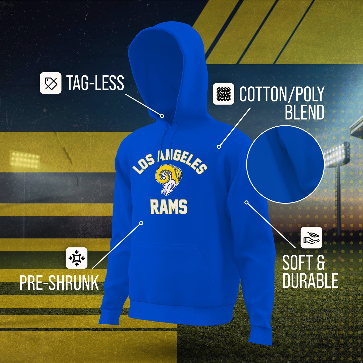 Los Angeles Rams NFL Adult Unisex Retro Gameday Ultra Soft Fleece Hooded Sweatshirt - Royal