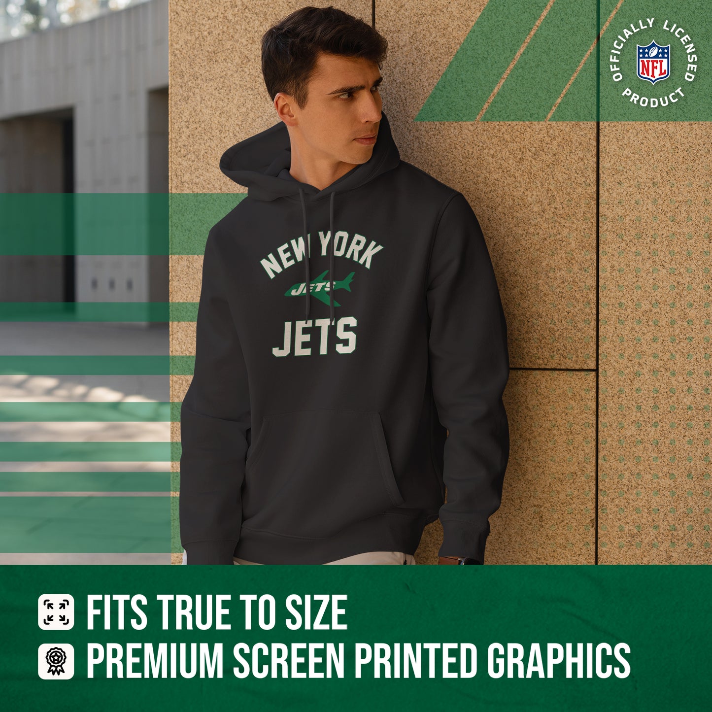 New York Jets NFL Adult Unisex Retro Gameday Ultra Soft Fleece Hooded Sweatshirt - Black