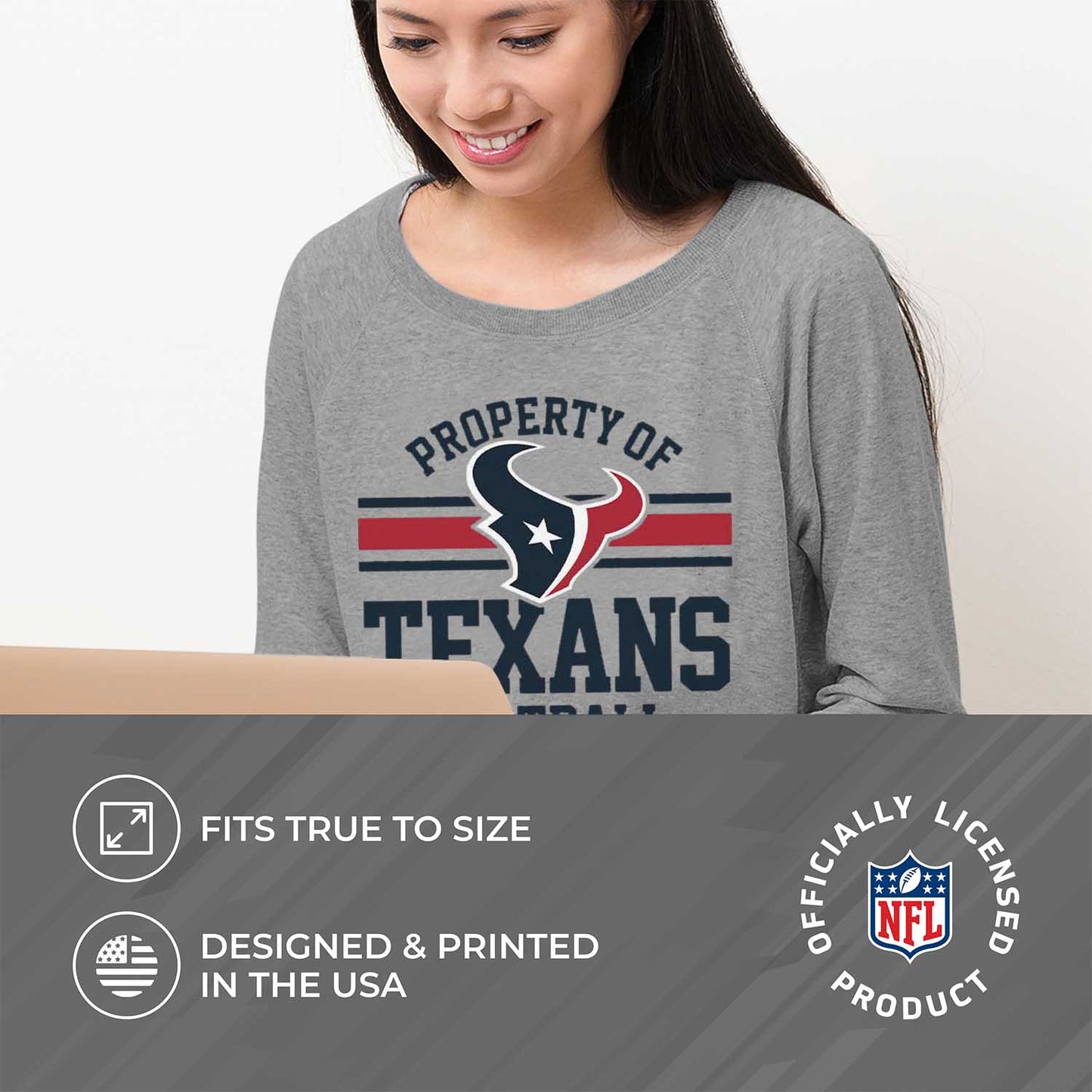 Houston Texans NFL Womens Property of Lighweight Crew Neck - Sport Gray