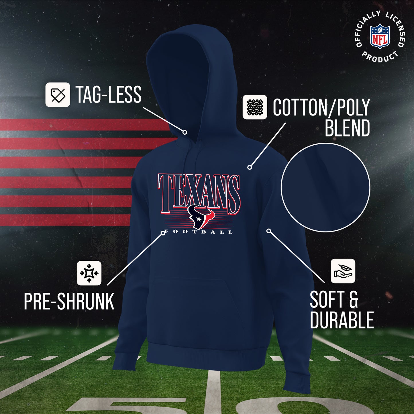 Houston Texans NFL Adult Unisex Overtime Blueprint Soft Fleece Hooded Sweatshirt - Navy