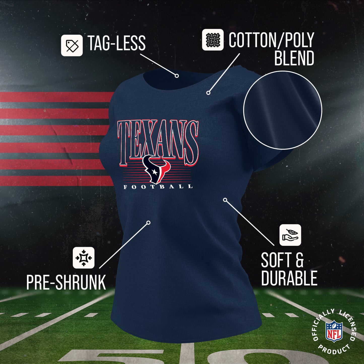 Houston Texans NFL Womens Overtime Blueprint Tag-Less T-Shirt - Navy