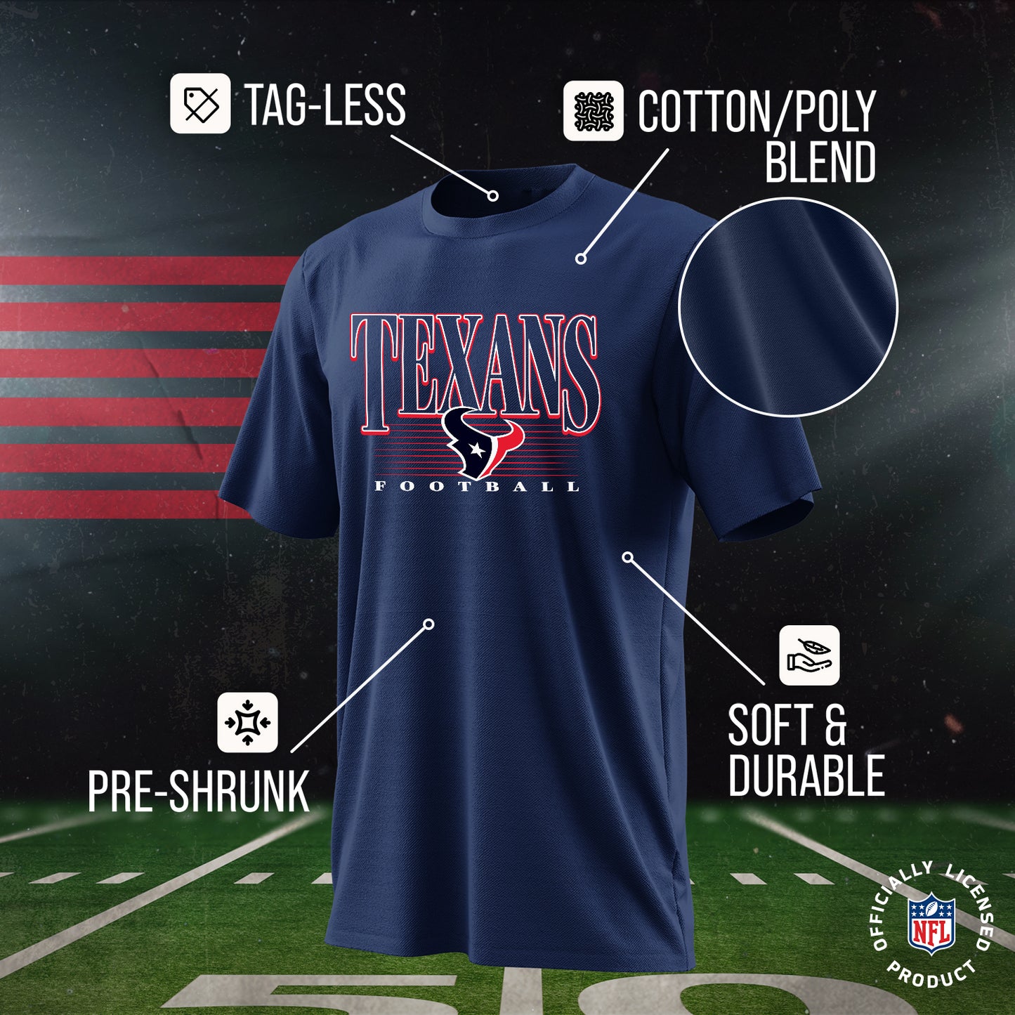 Houston Texans NFL Youth Overtime Blueprint Football T-Shirt Unisex Tag Free Comfortable - Navy