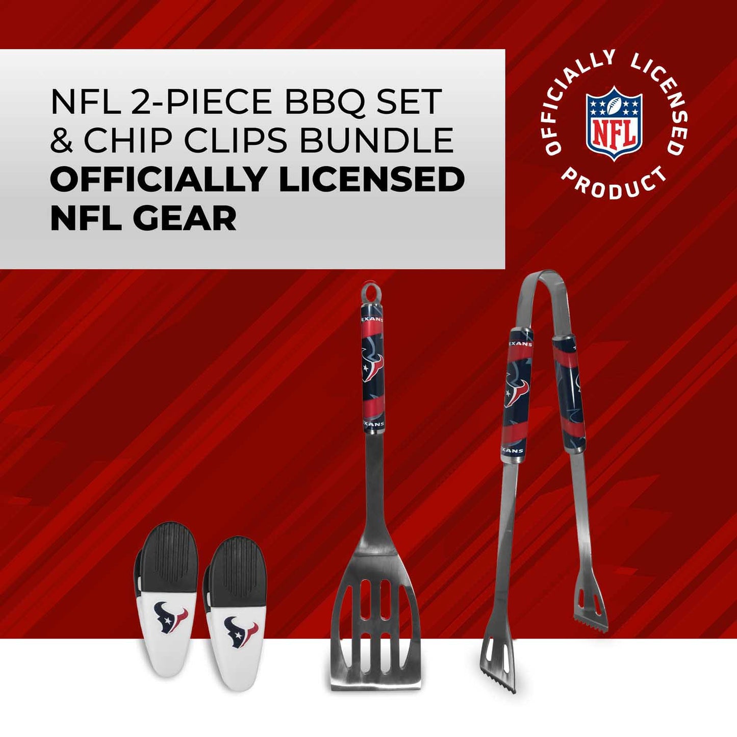 Houston Texans NFL Two Piece Grilling Tools Set with 2 Magnet Chip Clips - Chrome