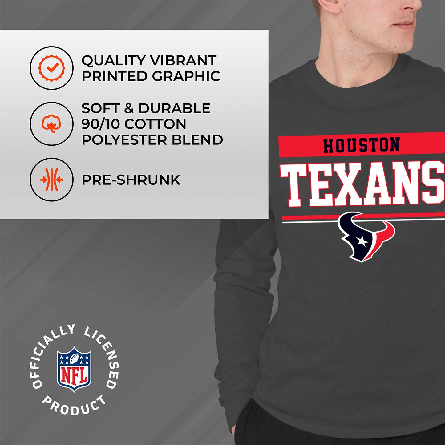 Houston Texans NFL Adult Long Sleeve Team Block Charcoal Crewneck Sweatshirt - Charcoal