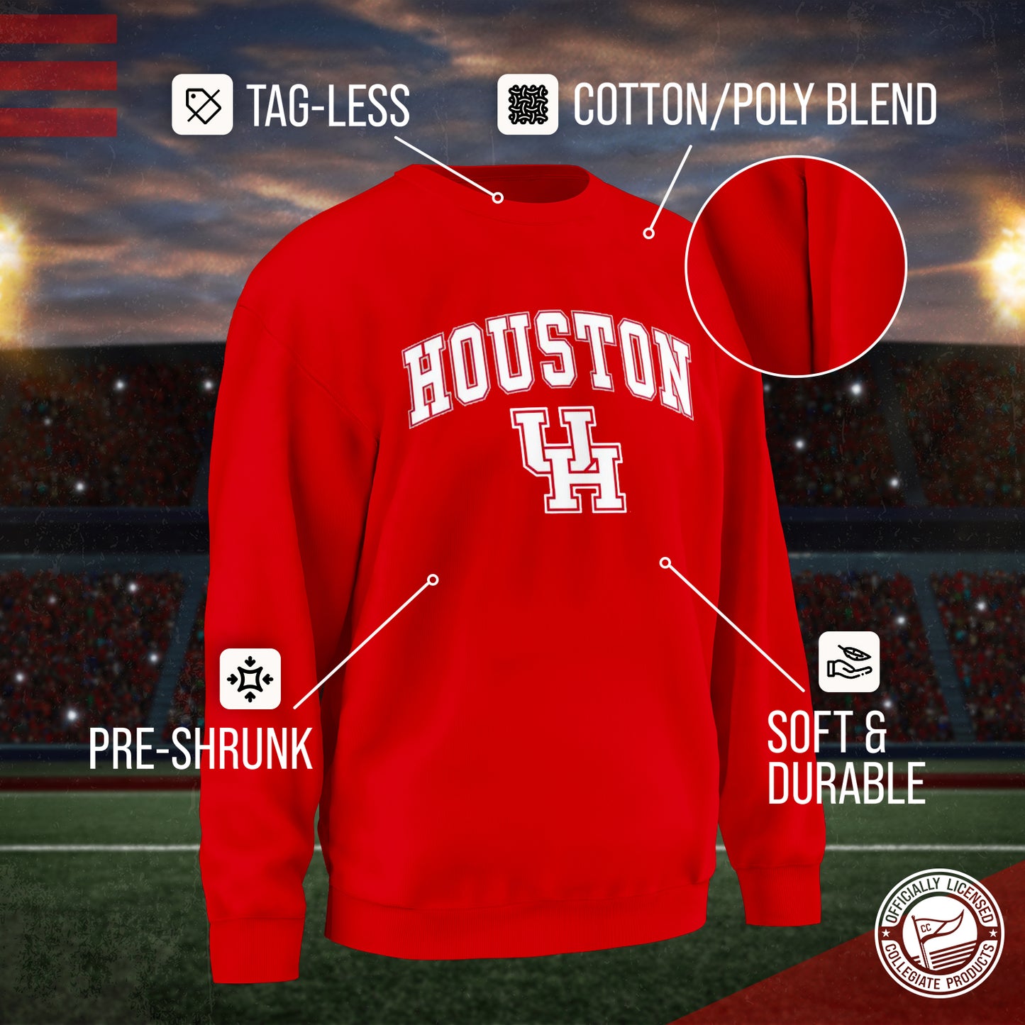 Houston Cougars Adult Arch & Logo Soft Style Gameday Crewneck Sweatshirt - Red