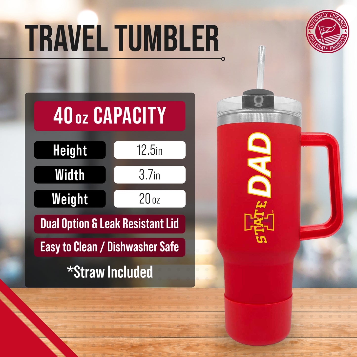 Iowa State Cyclones Collegiate 40oz Stainless Steel Travel Tumbler with Handle for Dad - Cardinal