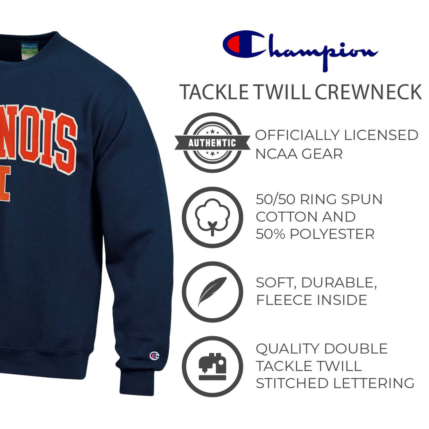 Illinois Fighting Illini Adult Tackle Twill Crewneck - Navy