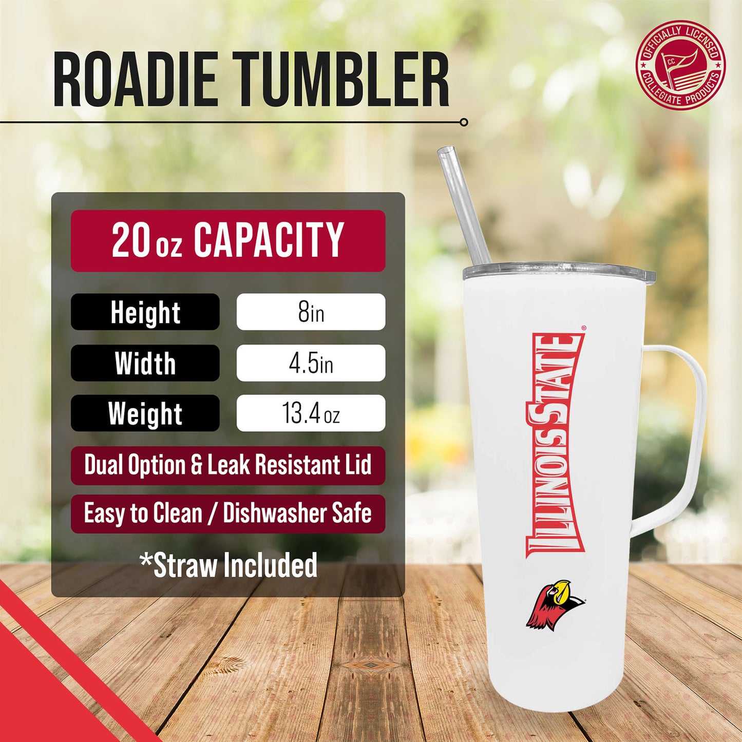 Illinois State Redbirds NCAA Stainless Steal 20oz Roadie With Handle & Dual Option Lid With Straw - White