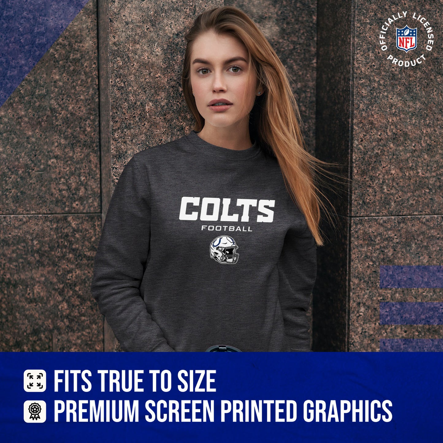 Indianapolis Colts Women's NFL Football Helmet Charcoal Slouchy Crewneck -Tagless Lightweight Pullover - Charcoal