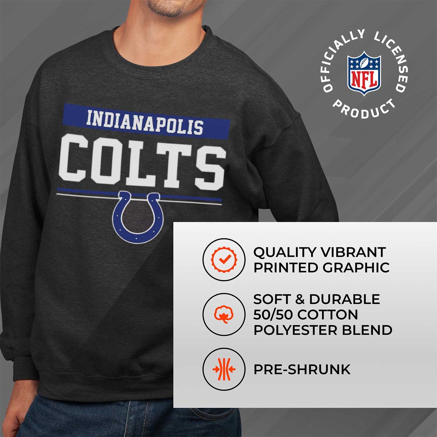 Indianapolis Colts NFL Adult Long Sleeve Team Block Charcoal Crewneck Sweatshirt - Charcoal