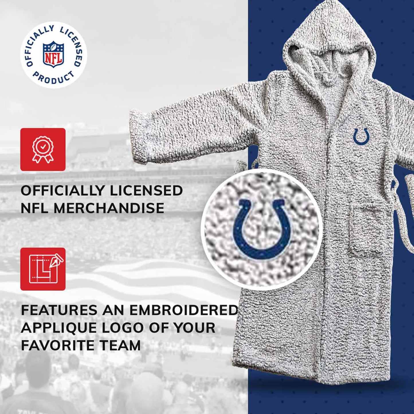 Indianapolis Colts NFL Plush Hooded Robe with Pockets - Gray
