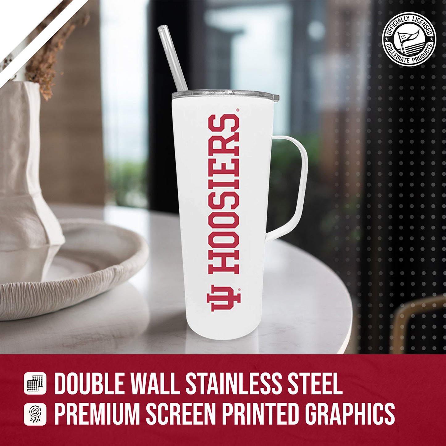 Indiana Hoosiers NCAA Stainless Steal 20oz Roadie With Handle & Dual Option Lid With Straw - White
