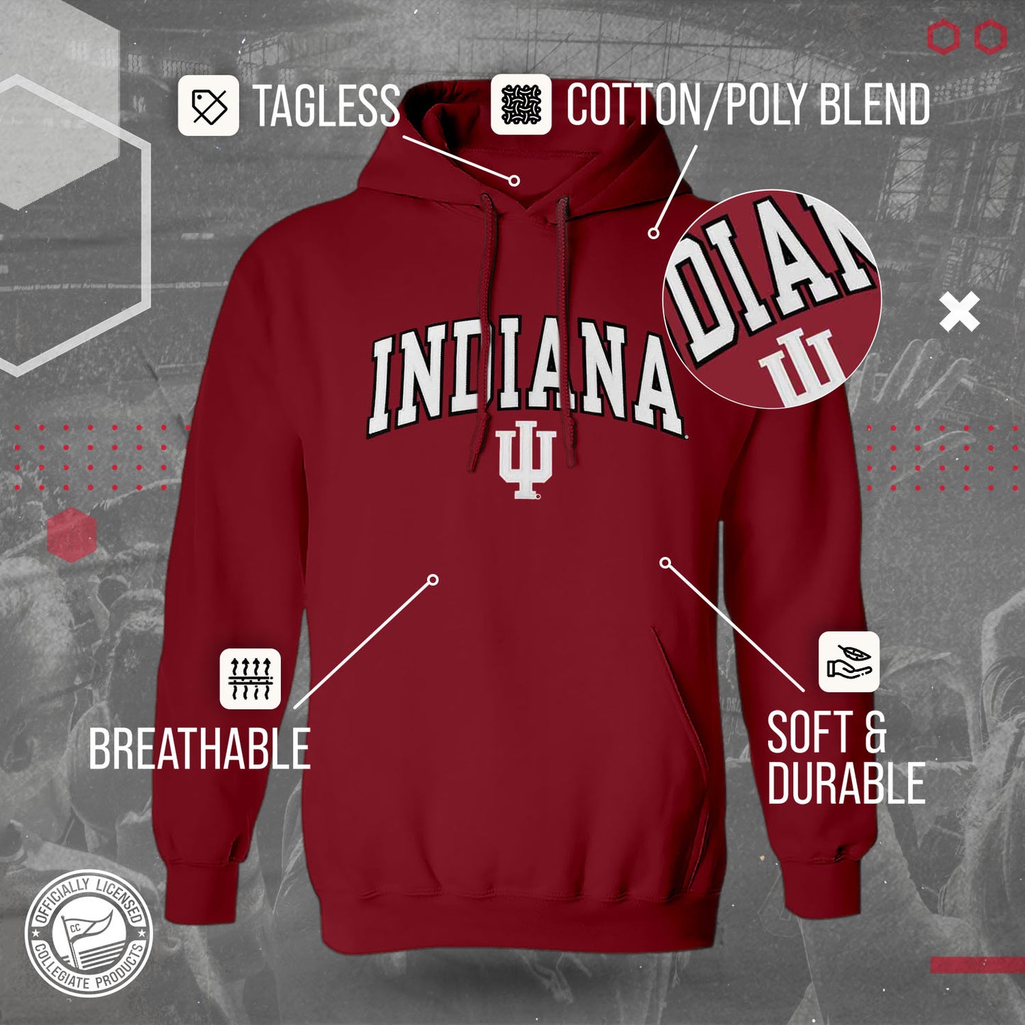 Indiana Hoosiers NCAA Adult Tackle Twill Hooded Sweatshirt - Crimson