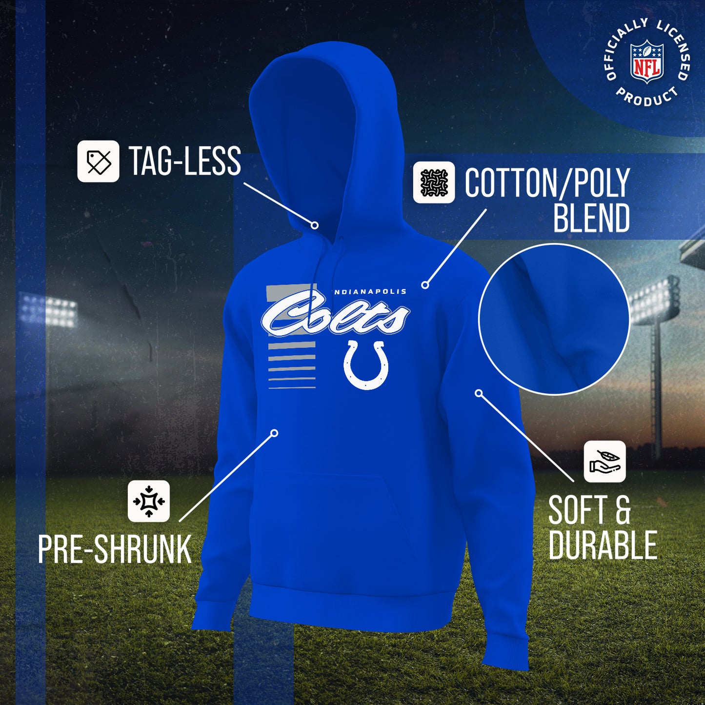 Indianapolis Colts NFL Adult Unisex Retro Script Ultra Soft Fleece Hooded Sweatshirt - Royal