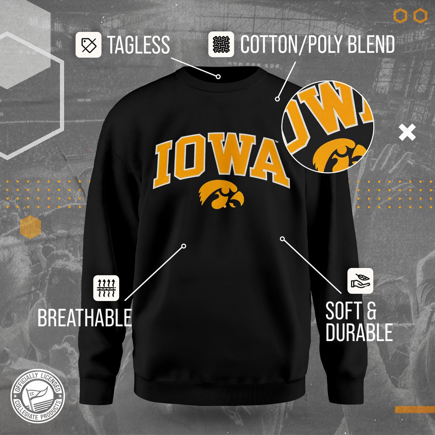 Iowa Hawkeyes NCAA Adult Tackle Twill Crewneck Sweatshirt - Black