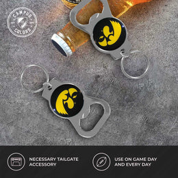 Iowa Hawkeyes School Logo Leather Card/Cash Holder and Bottle Opener Keychain Bundle - Black