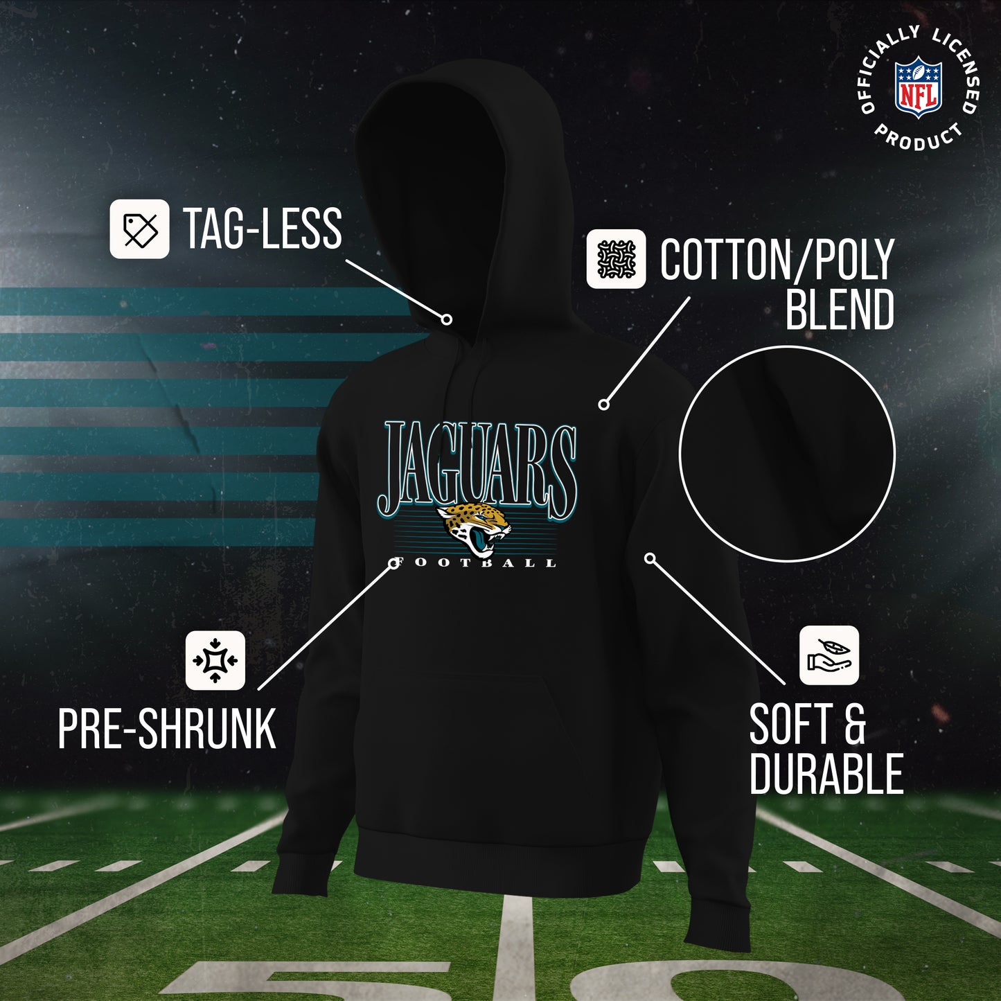 Jacksonville Jaguars NFL Adult Unisex Overtime Blueprint Soft Fleece Hooded Sweatshirt - Black