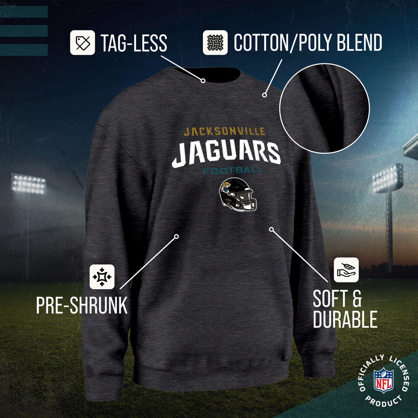 Jacksonville Jaguars Adult NFL Football Helmet Heather Crewneck Sweatshirt - Charcoal