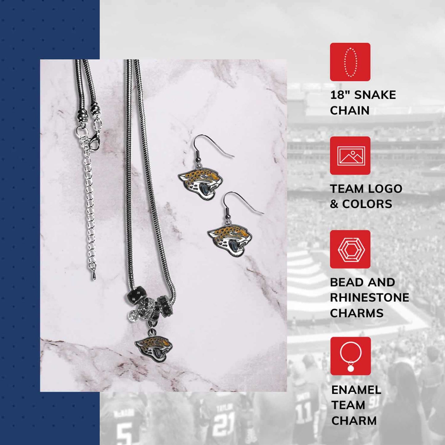 Jacksonville Jaguars NFL Game Day Necklace and Earrings - Silver