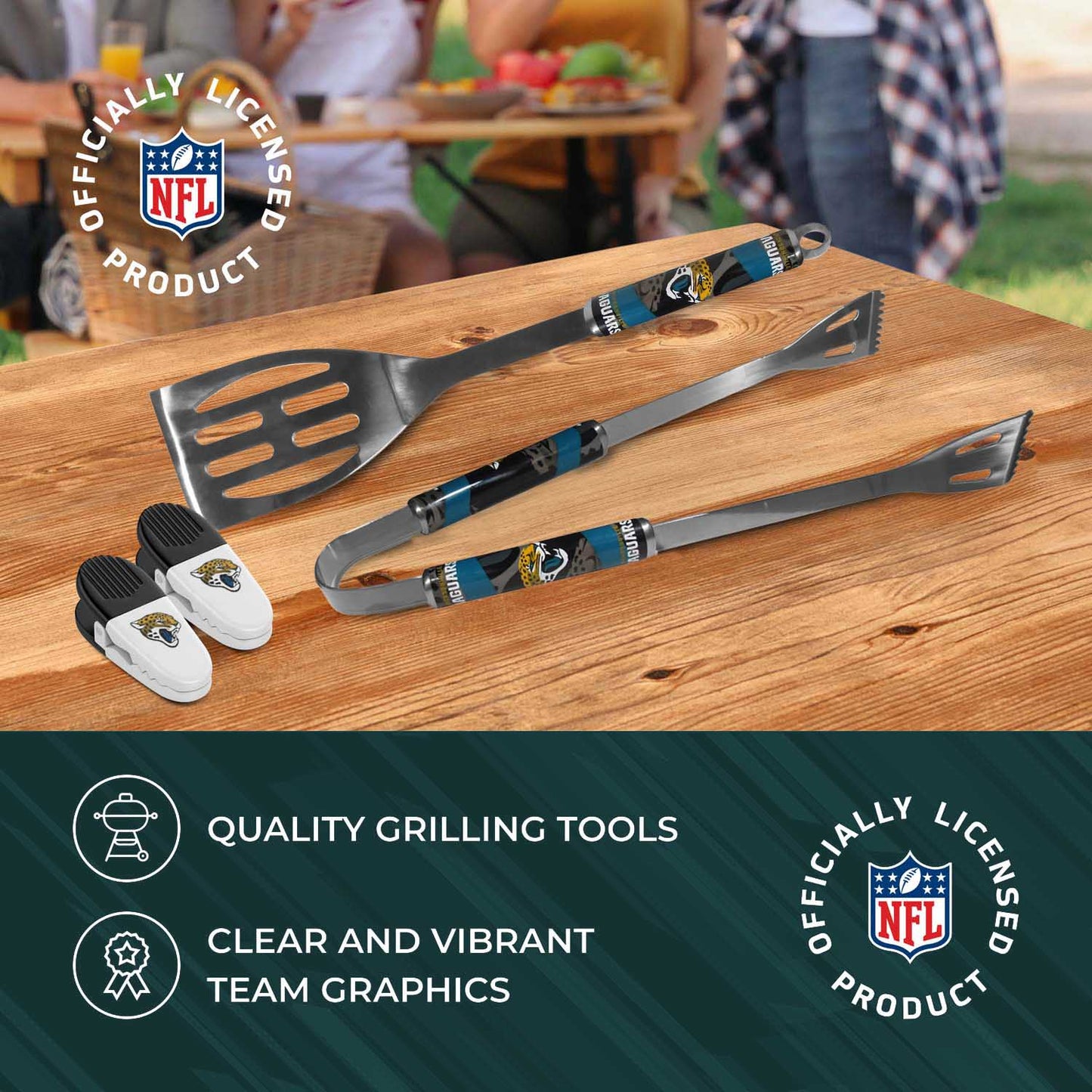 Jacksonville Jaguars NFL Two Piece Grilling Tools Set with 2 Magnet Chip Clips - Chrome