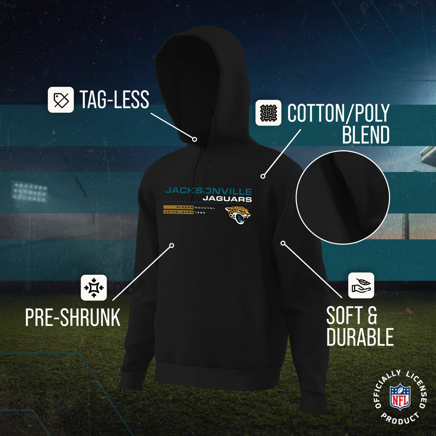 Jacksonville Jaguars Adult NFL Speed Stat Sheet Fleece Hooded Sweatshirt - Black