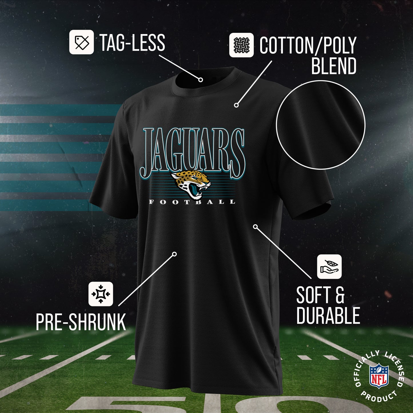 Jacksonville Jaguars NFL Youth Overtime Blueprint Football T-Shirt Unisex Tag Free Comfortable - Black